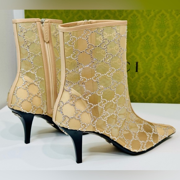 New! Gucci Demi Crystal Mesh Ankle Boots Beige Mid Heel Size EU-38.5 RETAIL$2950 - Picture 8 of 15